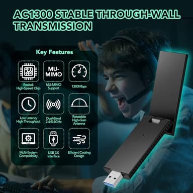 Skrtime USB WiFi Adapter 1300Mbps Foldable Dual Band Wireless Network Dongle for Desktop Laptop PC - Image 4