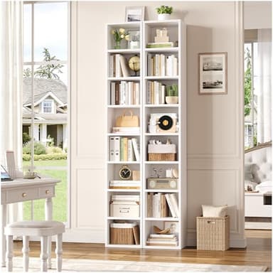 FOTOSOK 2 Pcs 71'' Tall Narrow Bookshelf, 8-Tier Media Tower Rack Set of 2, CD DVD Storage Cabinet with Adjustable Shelves, Tall Narrow Bookcase Skinny Display Bookshelf Slim Shelf, White - Image 2