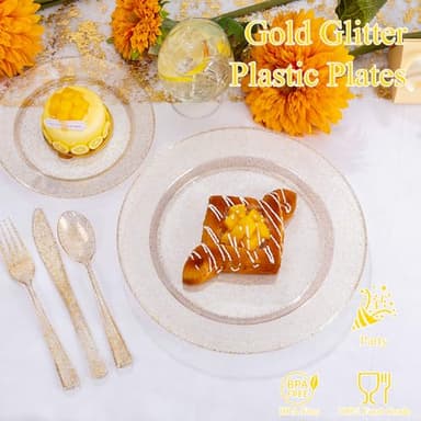 WDF 200PCS Gold Plastic Plates - Gold Glitter Plastic Plates - Heavy Duty Gold Glitter Disposable Plates - Include 100 Dinner Plates 10" and 100 Dessert Plate 7" for Parties/Wedding - Image 7