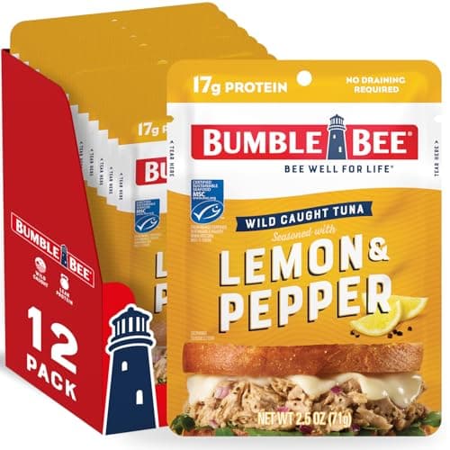 Bumble Bee Lemon & Pepper Seasoned Tuna, 2.5 oz Pouches (Pack of 12) - Ready to Eat - Wild Caught Tuna Packet - 17g Protein per Serving - Gluten Free - Image 1