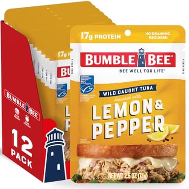 Bumble Bee Lemon & Pepper Seasoned Tuna, 2.5 oz Pouches (Pack of 12) - Ready to Eat - Wild Caught Tuna Packet - 17g Protein per Serving - Gluten Free - Image 1