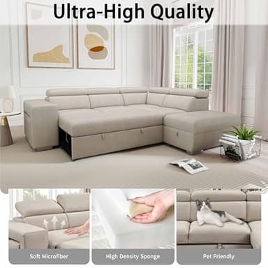 THSUPER 104'' Microfiber L Shaped Sectional Sleeper Sofa Couch with Pull Out Bed and Storage Ottoman, Convertible Couches with Adjustable Headrest for Living Room, Right Facing Chaise. Beige - Image 4