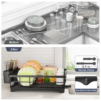Dish Drying Rack - Stainless Steel Dish Rack for Kitchen Counter, Large-Capacity Dish Drainer with Cutlery Holder, Kitchen Organizer for Dishes, Spoons and Forks, Black - Image 6