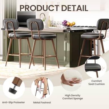 MALOL Swivel Bar Stools Set of 4, Mid Century PU Leather Counter Height Bar Chairs with Low Back and Metal Legs, Modern Bar Stool Chair for Kitchen Island, Black - Image 4