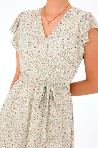 BTFBM Women Summer Bohemian Floral Casual Wrap V Neck Ruffle Cap Sleeveless Belt A-Line Pleated Hem Swing Midi Sun Dress (Floral Apricot, X-Large) - Image 4