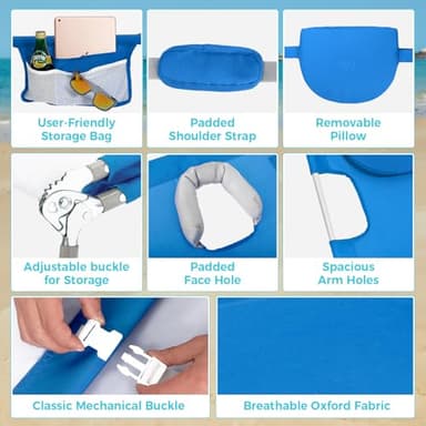 #WEJOY Folding Tanning Chair with Face Hole, 5 Positions Face Down Beach Lounge Chairs with Pillow for Outside Sunbathing Poolside (Blue) - Image 7