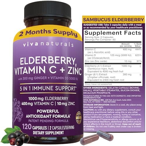 Viva Naturals Elderberry with Vitamin C and Zinc for Adults - 5 in 1 Sambucus Black Elderberry Capsules with Vitamin D3 5000 IU Immunity Supplement, Sambucus Elderberry Immune Support Supplement - Image 1