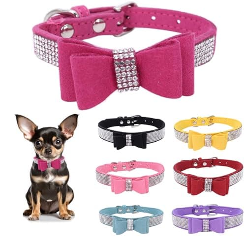 Rhinestone Bowtie Dog Collar for Girls Boys,Cute Dazzling Sparkling Soft Suede Leather Pretty Bling Cat Collars Crystal Diamond Pet for Small Medium Large Puppy Kitty Female Male - Image 1