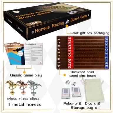 Jyquorp Metal Horse Race Board Game Racing Game Thickened Solid Wood with 11 Luxurious Durable Classic Metal Horses with 2 Dice and 2 Boxes of Cards Horse Racing Game (Walnut,Rectangle) - Image 5