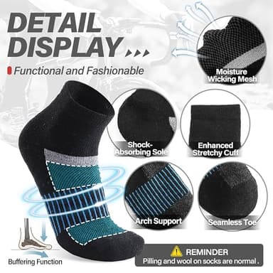 Anlisim Merino Wool Quarter Hiking Socks Compression Warm Thermal Winter Thick Cushion Running Moisture Wicking No Show Socks Gifts Stocking Stuffers for Women Men 6 Pairs(Black Mixed,L) - Image 4