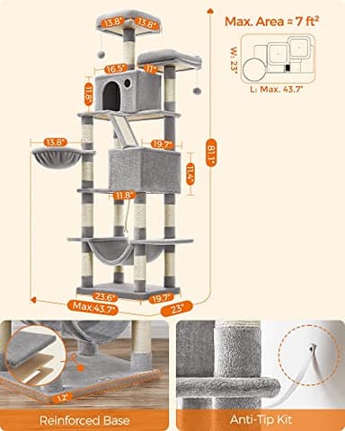 Feandrea Cat Tree, 81.1-Inch Large Cat Tower with 13 Scratching Posts, 2 Perches, 2 Caves, Basket, Hammock, Pompoms, Multi-Level Plush Cat Condo for Indoor Cats, Light Gray UPCT190W01 - Image 6
