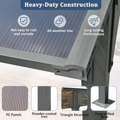 Wall-Mounted Outdoor Gazebo 14.76×9.22 FT, Heavy Duty Pergola with PC Roof Panels, Powder-Coated Iron Frame, Sloped Design for Rain/Snow Drainage, UV60+ Protection - Image 8