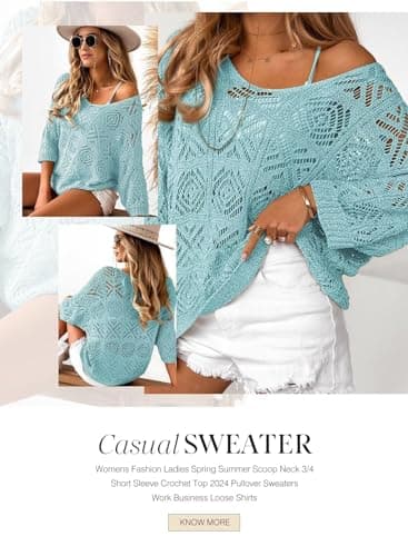 Dokotoo Womens Fashion Ladies Spring Summer Scoop Neck 3/4 Short Sleeve Crochet Top 2025 Pullover Sweaters Work Business Loose Shirts Swimsuit Coverup for Women Light Blue X-Large - Image 2