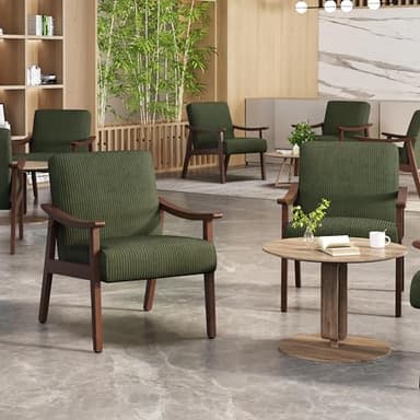 Yaheetech Corduroy Accent Chair, Mid-Century Modern Armchair with Solid Wood Legs, Reading Leisure Chair with High Back for Living Room Bedroom Waiting Room, Set of 2, Dark Green - Image 4