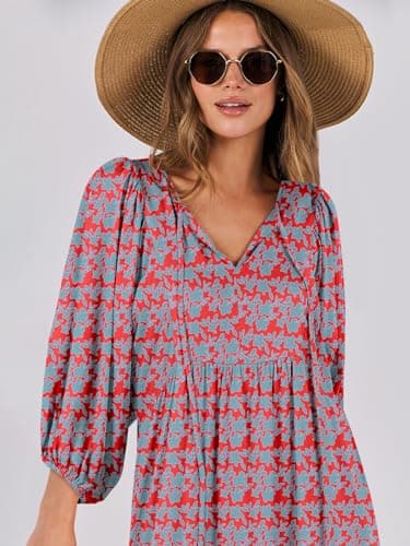 ANRABESS Womens Boho Maxi Dresses 2025 Summer V Neck Puff Sleeve Floral Flowy Swing Fall Casual Long Dress Red Blue Small - Image 5