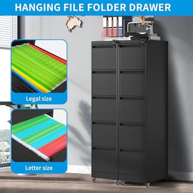 EKJ 5 Drawer Rolling File Cabinet with Lock, Metal Filing Cabinets on Wheels, Vertical Steel Office Drawers Storage for Hanging Legal/Letter Folders, Require Assembly (Black) - Image 5