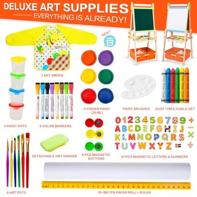 Kids Easel Including 100+ Accessories, Rundad Double Sided Wooden Easel for Kids Age 3-8 with Magnetic Chalkboard & Painting Board, Free Height Adjustable Art Easel Supplies for Toddlers - Image 3