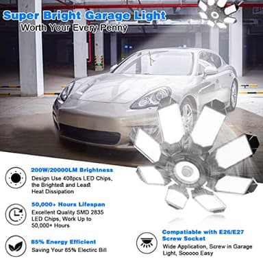 POLARPRA Garage Lights - 40000LM Super Bright Garage Lights Ceiling Led w/ 8 Deformable Panels Compatible for E26/E27 Screw in Socket Garage Lighting Bulb for Barn Basement Shops Attic - 2Pack - Image 2