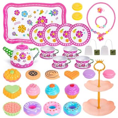 Hohosunlar Kids Tea Party Set for Little Girls, Flower Toy Tin Tea Set with Carry Case, Dessert Play Food Tea Cup Set Teapot Girl Jewelry, Birthday for Girls Kids 3 4 5 6 7 Years Old - Image 7