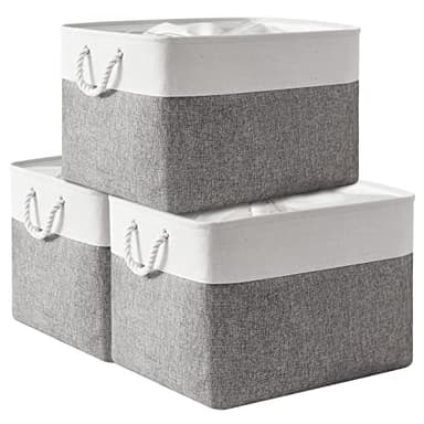 TheWarmHome Storage Bins Baskets for Organizing, 20.5L×15.7W×13.8H 3 Pack Sturdy Fabric Storage Basket W/Handles, Decorative Foldable Storage Baskets for Shelves Closet Nursery Toy (White & Grey) - Image 1