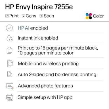 HP Envy Inspire 7255e Wireless Color Inkjet Printer, Print, scan, copy, Easy setup, Mobile printing, Best-for-home, 3 month Instant Ink trial included, AI-enabled (1W2Y9A) - Image 2