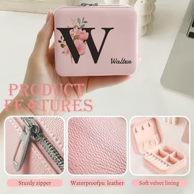 Personalized Jewelry Box with Initial and Name and Flower Custom Travel Leather Jewelry Organizer Box for Women Maid of Honor Gifts Birthday Valentine's Day Christmas Gifts for Girls and Mom - Image 6