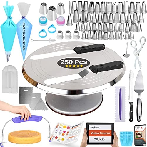 RFAQK 250 PCs Aluminum Cake Decorating Tools Kit with 12" Metal Turntable & Knife set-48 Numbered Icing Tips-3 Russian Piping Nozzles-Straight & Angled Spatula-Cake Leveler& Baking Supplies Tools - Image 1