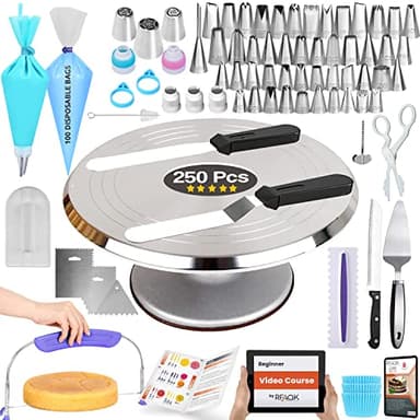 RFAQK 250 PCs Aluminum Cake Decorating Tools Kit with 12" Metal Turntable & Knife set-48 Numbered Icing Tips-3 Russian Piping Nozzles-Straight & Angled Spatula-Cake Leveler& Baking Supplies Tools - Image 1