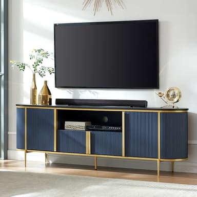 OKD Luxury 70" Fluted TV Stand, Modern Chic Entertainment Center for TVs Up to 80 inches, TV Console with Faux Marble Top, Curved Profile Design, Media Console for Living Room, Navy Blue - Image 1