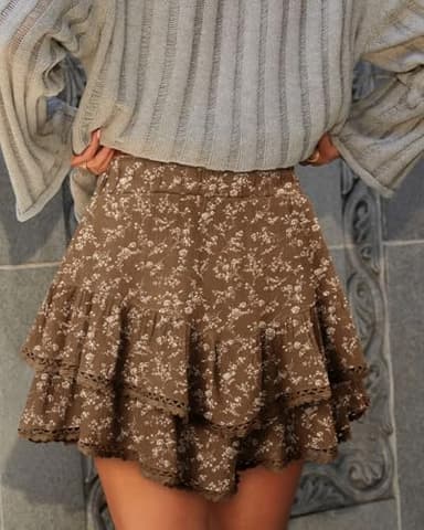 onlypuff Flowy Shorts for Women Ruffle Skorts Cute Mini Skirts Country Concert Outfits Coastal Cowgirl Coachella Outfits Tennis Skort Coffee Flower XL - Image 4