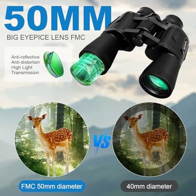 Upcheirna 20x50 High Power Binoculars with Focus Adjustment &Lens Protection for Long-Distance Viewing, Low Light Night Vision, Lightweight & Portable HD for Adults, Bird Watching,Hunting (Black) - Image 2