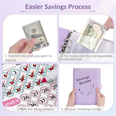 Sooez 100 Envelopes Money Saving Challenge, Savings Challenges Book with Envelopes & Challenge Tracker, Motivational Process to Save $5050, Money Saving Binder 100 Pocket Pre-numbered, Purple - Image 5