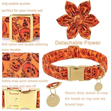 UP URARA PUP Halloween Dog Collar with Flower, Pumpkin Cotton Flower Collar for Puppy Girl Dog, Halloween Flower Collar with Durable Metal Buckle, Adorable Halloween Pet Collar, M - Image 3