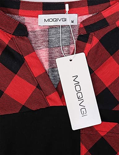 MOQIVGI Misses Tops 3/4 Sleeve,Buffalo Plaid Shirts Womens V Neck Stylish Dressy Office Casual Career Blouses Soft Lightweight Splicing Colorblock Shirttail Tunics Red Black Medium - Image 4