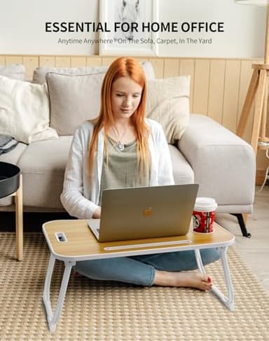 ZEAPTAC Laptop Bed Desk, Foldable Lap Table, Portable Study Table, Laptop Stand with Cup Holder & Tablet Slot & Lifting Handle for Working Writing Drawing & Eating - Wood - Image 4