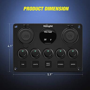 Nilight - 90125E 5 Gang Multi Function Rocker Switch Green Backlit Dual USB Charger + Digital Voltmeter +12V Outlet Pre-Wired Switch Panel with Inline Fuse for RVs Cars Boats Trucks Trailers - Image 2
