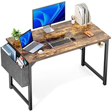 OLIXIS Computer Office Desk, 48 Inch Writing Work Study PC Wood Modern Desk with Storage Bag & Headphone Hook Simple Bedroom for 2 Person Kids Student Table, Rustic Brown - Image 1
