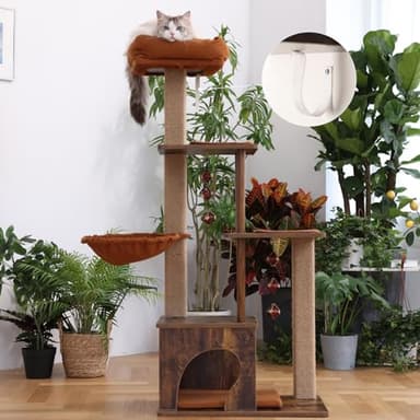 FUKUMARU Cat Tree, 4 in 1 Large Modern Cats Tower with Jute Scratching Post and Hammock, Wood Cat Condo with silvervine Balls, Brown Cat Climber Stand Playhouse for Indoor Cats, Retro Style - Image 2