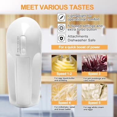 5-Speed Electric Hand Mixer, 4 Large Mixing Bowls Set, Handheld Mixers with Whisks Beater, Stainless Steel Metal Nesting Bowl Measuring Cups Spoons Kitchen Cake Blender for Baking Supplies - Image 5