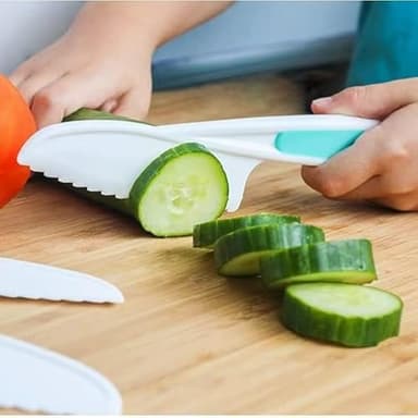 Leking 13 Pcs Wooden Kids Kitchen Knife, Kids Knife Set with Gloves Cutting Board Bear Sandwich Cutter Fruit Vegetable Cutters Serrated Edges Plastic Knifes for Real Cooking Kid Safe Knives - Image 3