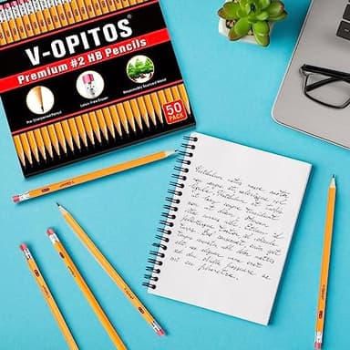 V-Opitos Wood-Cased #2 HB Pencils, 50 Pack Bulk Pre-Sharpened Yellow Pencils with Top Erasers, School Classroom Teacher Supplies, Writing, Drawing and Sketching - Image 4