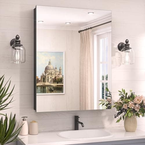 TokeShimi 24 x 32 Mirrored Medicine Cabinet Recessed or Surface Mount, Aluminum Tempered Bathroom Medicine Cabinet with Mirror with Storage Black Stepless Adjustable Metal Shelves Farmhouse - Image 1