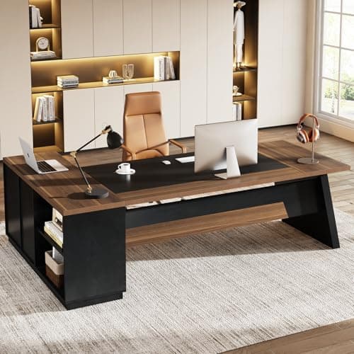 Tribesigns 78" L-Shaped Executive Desk, Large Modern Office Desk with Drawers and File Cabinet, Business Furniture with Storage Shelves, Big Computer Desk for Home Office (Light Walnut + Black) - Image 1