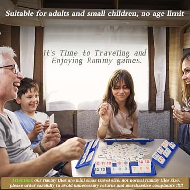 Doublefan Mini Rummy Cube Set, Mini Size Rummy Game with Portable Bag, Small Travel Game for Adult and Kids,106 Tiles, 4 Playing Rack, 1 Dice (2-4 Players) - Image 7