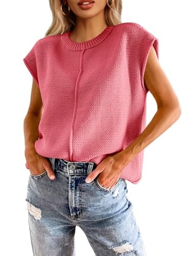Saodimallsu Womens Tank Tops Summer Causal Loose Fit Cap Sleeve Crew Neck Knit Lightweight Sweater Pullover Top Watermelon Red - Image 1