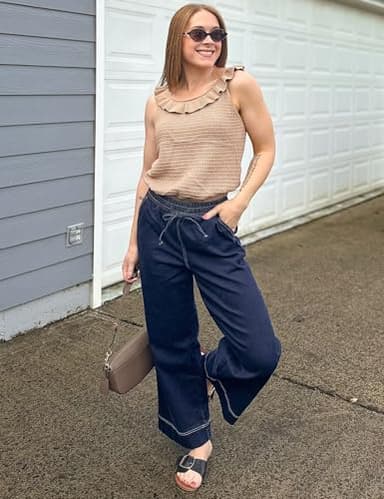 luvamia High Elastic Waisted Wide Leg Jeans for Women Crop Pants for Women Pull On Denim Pants Darkness Blue XX-Large Fits Size 20 / Size 22 - Image 8