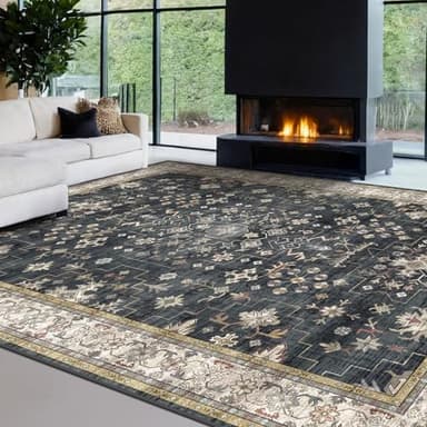 Black Boho Rug for Living Room 9x12 - Washable Dining Room Rugs for Under Table, Vintage Soft Low Pile Carpet for Bedroom, Non-Slip Farmhouse Bohemian Large Tumble Rug for High Traffic Area - Image 8