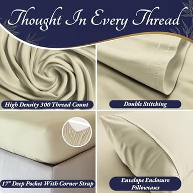 DECOLURE 100% Viscose Derived from Bamboo Sheets Queen Size 4pcs - Ultra Soft & Luxuriously Cooling, 17" Deep Pocket, Double Stitching, Perfect for Hot Sleepers - Queen Bed Sheets (Creme) - Image 3