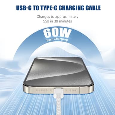 USB C to C Fast Charger Cable 10ft, 60W Long Fast Charge Type C to C Charging Cord Wire for Apple iPhone 17 Pro Max/17 Air/16 Pro Max/15 Plus,iPad Pro 12.9/11 inch/Mini/Air 5/4th,MacBook,Samsung-White - Image 2