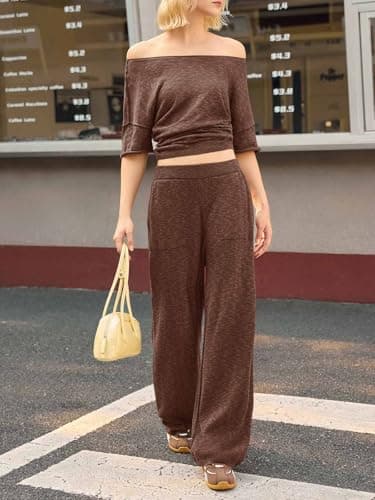 Tankaneo Women's 2 Piece Travel Outfits Casual Short Sleeve Knit Sweater Set Wide Leg Pants Lounge Sets Tracksuit - Image 3